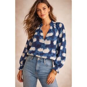 Anthropologie Porridge Blue White Tie-Dye Split Neck Peasant Blouse Top S